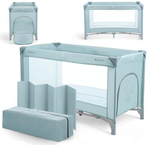 KikkaBoo Reisebett Baby SO GIFTED, Kinderreisebett 120x60 cm, bis 15 kg, Faltbar & Kompakt, Tragbar mit Transporttasche, Zusammenklappbar für Reise & Urlaub, Minze