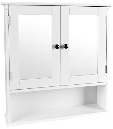 Leomark Weiß universeller Schrank - Serie Meghan - mit Spiegel und schwarzen Griffen provenzalischer Stil, 55,5 x 12,5 x 58 (H) cm, Wandmontage Badschrank für Bad, Küche, Schlafzimmer