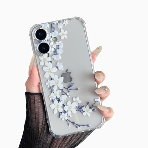 DEFBSC Compatible with iPhone 16 Case, Clear Floral Flower Pattern Print Design for Girls Women Flexible Shockproof Soft TPU Bumper Protective Phone Case - White Pear Blossom