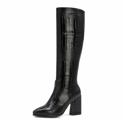 Donne Coccodrillo Chunky Heel Appuntito Side Zip Knee Stivali Alti Faux Pelle sintetica Stivali alti Soft Pelle Lining Comodo Stylish Stivali invernali per donne Le signore Ragazze nero Numero 41.5
