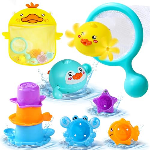 Bath Toys for 1 2 3 Year Old Baby Water Toys Toddler Bath Stacking Cups Toys Water Play Wind Up Duck Bathtub Fishing Game Bath Storage Net Kids Bath Toys Gifts for Boys Girls Swimming Pool Toys