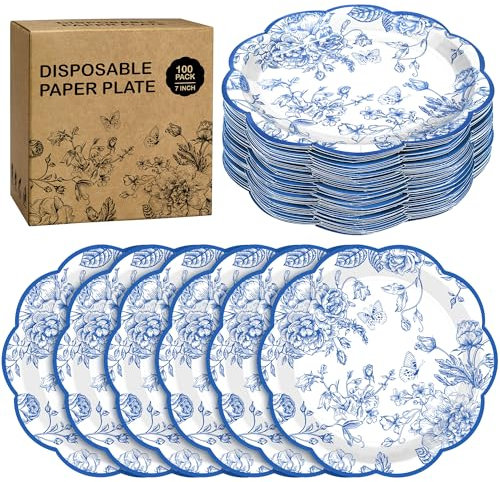 Kochorie 100 piatti di carta con fiori blu, 17,8 cm, piatti di carta usa e getta smerlati blu cineserie vintage fiori piatti da dessert per matrimoni, compleanni, vacanze, feste, forniture decorative