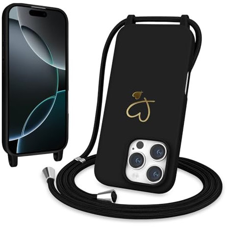 Newseego Crossbody Lanyard Phone Case for iPhone 16 Pro, Soft Slim Cute Gold Heart Mobile Phone Cover with Adjustable Strap TPU Solid Color Protection Design for iPhone 16 Pro Girls Women-Black
