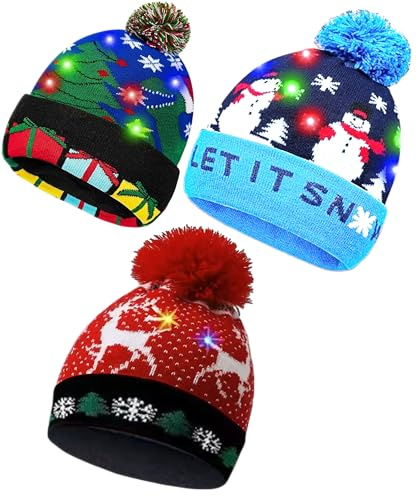 Topzilly Paquete de 3 gorros de Navidad con luces LED acogedoras para niños y adultos, elegantes sombreros de elfo, sombrero de Navidad para bebé, fiestas de invierno (árbol de Navidad + Let it Snow +