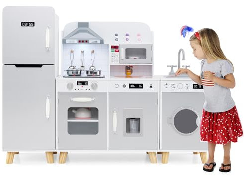 COSTWAY Cocina Juguete Infantil, Cocinita de Madera Infantil 3 en 1 con Refrigerador, Lavadora, Máquina de Hielo, Estufa, Fregadero, Horno, Microondas, Cocina Juguete con Luces y Sonidos (Gris)