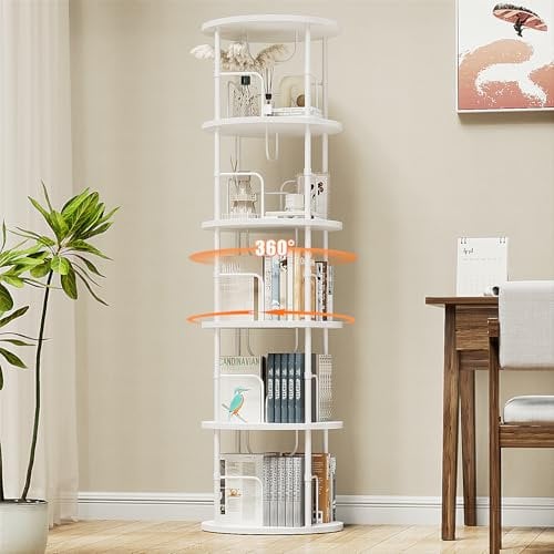 Generisch 360° Drehbares Bücherregal, Bodenstehendes Bücherschrank Aus Holz, Bookshelf Mit 5 Ebenen, Verstellbare Ebenen, Standregal, 45×45×160cm, Weiß