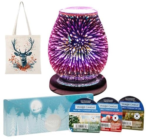 Electric Wax Burner and Wax Melts Gift Bundle with 3D Firework LED Colour Change Lamp, 3 Wax Tarts with Indigo Leopard Gifts Reusable Gift Bag