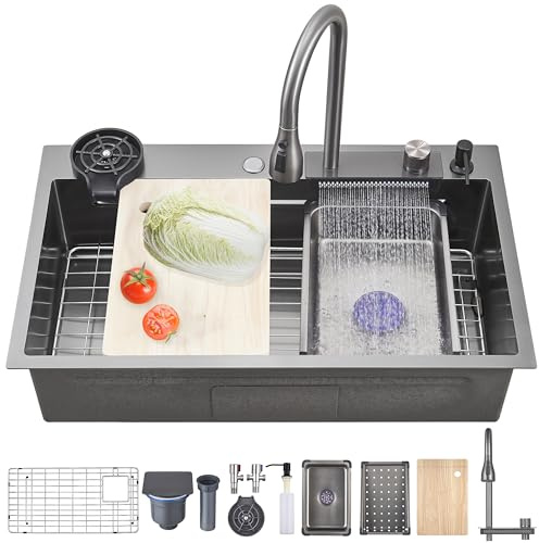 Ribanedy 66 x 50 cm Fregadero de cocina en cascada gris oscuro, fregadero moderno multifuncional de acero inoxidable de una cubeta con grifo rociador abatible y accesorios