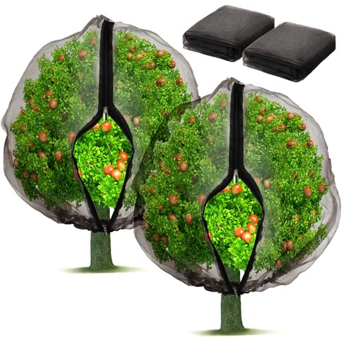 Homiton Confezione da 2 sacchetti a rete per alberi da frutto, con cerniera e coulisse, rete ultra fine da giardino, rete per uccelli, per cespugli di mirtilli, alberi da frutta, verdura, fiori (nero,