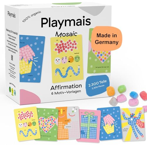 Playmais Mosaic Affirmation Cards | 2300 Teile | Bastelset | natürliches Spielzeug | inkl. Schwämmchen, 6 Motiv-Vorlagen | vegan, verantwortungsvoll & sicher für Kinder & Umwelt | ab 3 Jahren