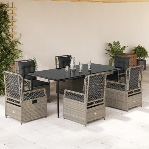 Verderoom Gartenmöbel Set 6 Verstellbare Hochlehner Stühlen mit Tisch Garten Sitzgruppe 6 Personen Verstellbar Gartenmöbel Set 6 Personen Rattan sitzgruppe mit Kissen-Hellgrau-7-tlg
