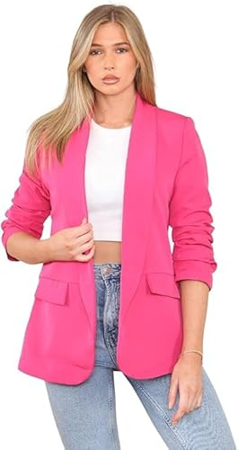 eyes Lined Blazers for Women Casual Long Ruched Sleeve Suit Plain Open Jackets Work Office Coats Cardigan Suit Formal Jacket Top Solid Color Collar Italian Ladies Blazer Size -XXL (Cerise, UK 16)