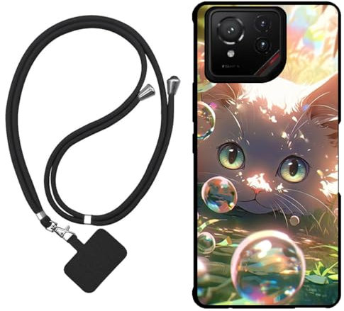 Sunrive Funda Compatible con ASUS Rog Phone 9FE,Slim Fit Gel Mate Carcasa Case Bumper de Impactos Espalda Cover (Burbujas Gatos)+1 X Correa Universal
