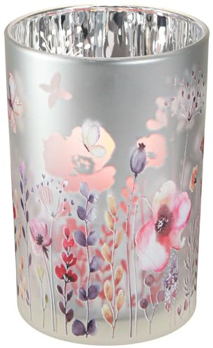 Viana Windlicht Glas Mohn Schmetterling Silber Deko H18cm Kerzenglas