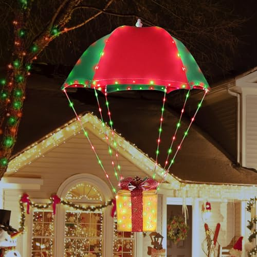 Geemoo Weihnachtsbeleuchtung Außen Batterie, 85cm LED Geschenkbox Fallschirm Lichterkette Batterie mit Timer, 8 Modi, Wasserdicht Lichterkette für Weihnachtsdeko Innen Aussen Fenster, Rot & Grün