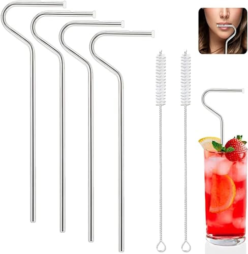 4 pcs Reusable Stainless Steel Anti Wrinkle Straws with 2 Brushes Flute Style Design Lip Engagement Durable Easy to Clean Reduce Mouth Wrinkles Alternative Single Use Plastic