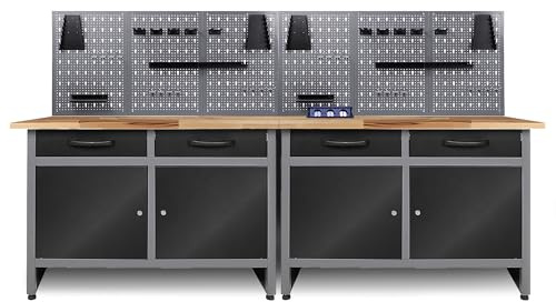 Ondis24 Werksatt Set Werkstatteinrichtung 240 cm – 2X Werkbank Werner mit 28 mm Buchenholzplatte & Steckdosenleiste, Arbeitshöhe 85 cm, 6X Lochwand, 22-teiliges Hakenset