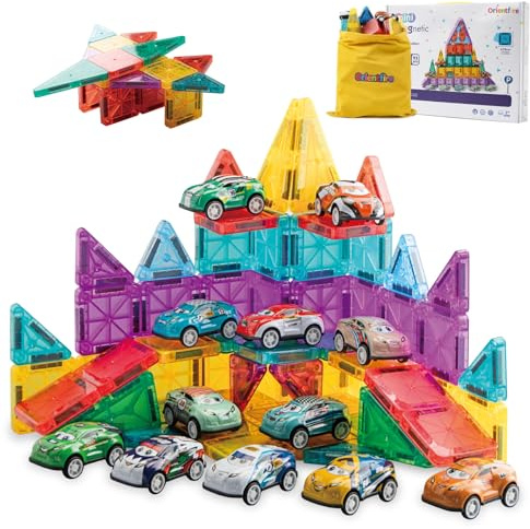 93 PCS Magnetic Tiles Mini Magnetic Building Tiles with Cars, Travel Magnetic Tiles with Storage Bag,STEM Toys for School Acitivities, Ideal Christmas Birthday Gifts for Boys Girls Age 3+ Years Old