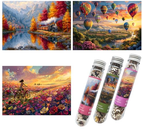 Luneko Kleine Puzzles für Erwachsene Anspruchsvolle Puzzles Mini-Puzzles 150 Teile Mikro-Puzzle Zug Wald Heißluftballon Blumen Reisepuzzle 15 x 10 cm 3er-Pack