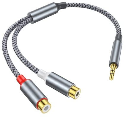 Leloco Cinch auf Klinke 3,5 Adapterkabel, 25 cm, 2× RCA-Buchsen, Grau | 3,5-mm-Klinkenstecker auf 2 Cinch-Buchsen; vergoldete Kontakte und Kupferkern für Smartphone, TV und Verstärker