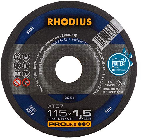RHODIUS XT67 | 10 Stück Ø 115 mm x 1,5 mm | Trennscheibe Metall | Made in Germany | für Winkelschleifer, Stahl, Eisen, Hartmetall