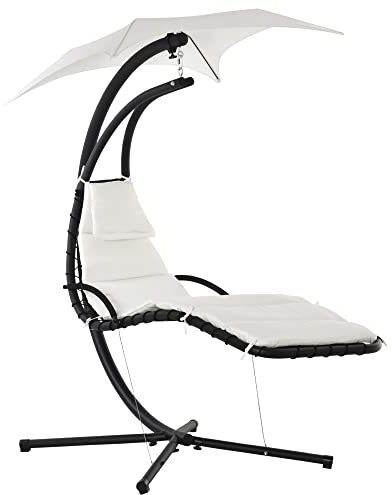 Outsunny Silla Colgante con Soporte Sillón Colgante con Toldo Cojín Estructura Metálica Antivuelco Carga 120 kg para Jardín Patio Terraza 190x110x190 cm Crema