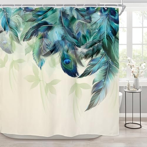 Riyidecor Wasserfarben-Duschvorhang, Pfauenfedern, blaugrün, türkis, Blumenmuster, grüne Blätter, Badezimmer, Heimdekor, Set, Stoff, Damen, 183 x 183 cm, inklusive 12 Stück Kunststoff-Duschhaken