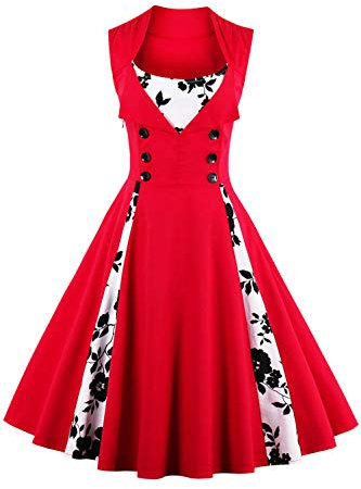 AXOE Robe Femme Vintage Années 50 en Coton Extensible Robe de Cocktail Chic et Élégante Mariage, Soirée, Guinguetteà Fleurs Rouge, Taill 48, 3XL