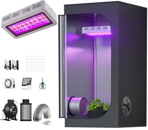 TopoGrow Grow Tent Complete Kit 300W LED Grow Light Full-Spectrum Indoor Hydroponics 32X32X63 Grow Tent 4 Ventilation Kit with Hangers,Hygrometer, Shear, Timer,Trellis Netting Full Setup