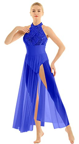 dPois Damen Neckholder Tanzkleid Ärmellos Lang Ballettkleid Frauen Ballett Trikot mit Maxi Mesh Rock Rückenfrei Turnanzug Ballettanzug Dancewear Blau Small
