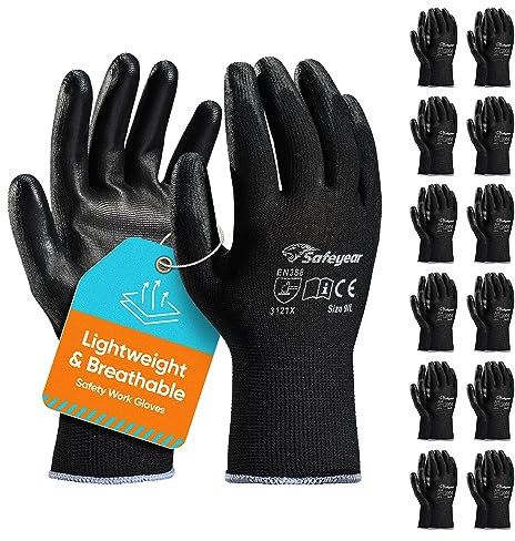 SAFEYEAR 12 Pairs Black PU Coated Safety Work Protective Gloves,Lightweight and Breathable for General Handling Work,Gardening,Builders,DIY,Delivery,Warehouse, Mechanic Men & Women Lady(Black S)