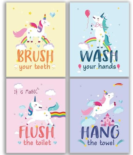 CHIEN-CHI LILI Einhorn-Aquarell-Kunstdruck-Set mit 4 Stück (20,3 x 25,4 cm), lustiges, buntes Einhorn-Kunstposter für Kinderzimmer, Tochter, Mädchen, Jungen, Kinder, Badezimmer, Zuhause,
