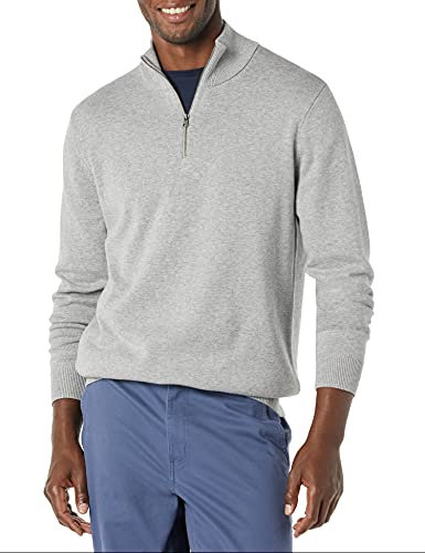 Amazon Essentials Herren Pullover mit Viertelreißverschluss aus 100% Baumwolle, Mittelgrau Meliert, L