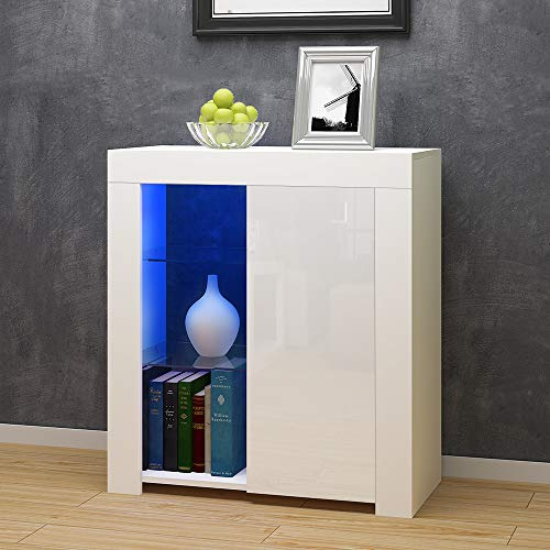 Panana Modern TV Unit Cabinet High Gloss Door Storage Sideboard Cupboard Side Table with LED (White)