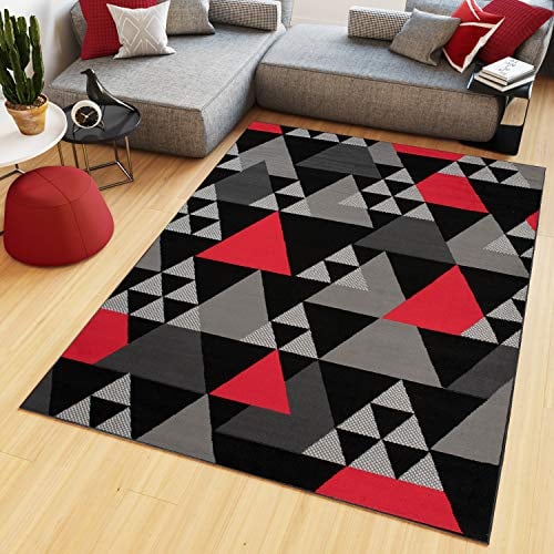 TAPISO Maya Kollektion Teppich Wohnzimmer Kurzflor Modern Dreiecke Meliert Design Schwarz Grau Rot Schlafzimmer Büro ÖKOTEX 120 x 170 cm