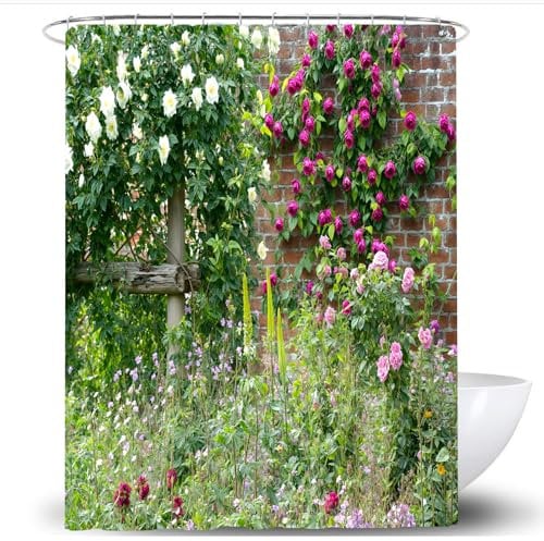 SCVBLJS Floral Shower Curtain Waterproof Bathroom Bathtub Polyester Fabric BathroomFlower Shower Curtain Scenery flower leaves curtain Garden Home green curtain With Hooks 180X180cm