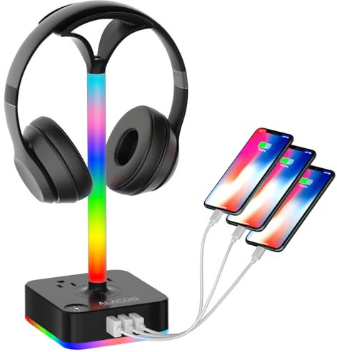 Soporte para auriculares RGB con puerto de carga USB, soporte para auriculares de escritorio con 3 cargadores USB para el hogar y la oficina y juegos, DJ, pantalla de auriculares inalámbricos, gancho
