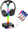 Soporte para auriculares RGB con puerto de carga USB, soporte para auriculares de escritorio con 3 cargadores USB para el hogar y la oficina y juegos, DJ, pantalla de auriculares inalámbricos, gancho