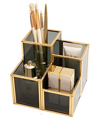 HARLIANGXY Makeup Brush Holder, Cosmetic Organiser, Glass and Metal Makeup Brush Holder, Makeup Storage, Pen Holder, Cosmetic Brush Storage, for Dresser, Desk, Black