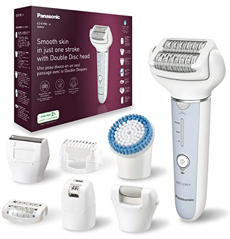 Panasonic ES-EY90-A503 Nass/Trockenepilierer, Dual Disc mit 60 Pinzetten, 90° schwenkbarer Kopf, 3 Geschwindigkeiten & LED-Licht, 30 Min. Betrieb, kabellos, Haarentferner, Scher- und Fußpflegekopf.