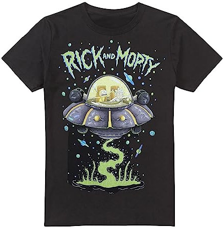Cotton Soul Retro-Filme & Kult-TV-Kollektion Herren-T-Shirt, Schwarz - Rick & Morty Ufo, M