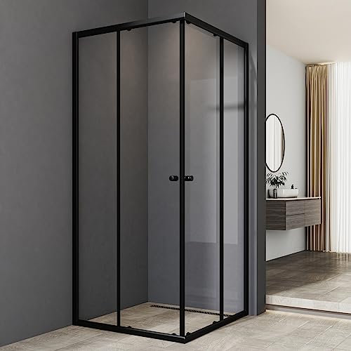 Duschkabine Eckeinstieg mit Schiebetüren, Duschkabine 75x90cm Schwarz Schiebetür 6mm ESG Glas Duschschiebetür Duschabtrennung Duschwand Höhe 185cm, Montage auf Duschwanne oder Fliese