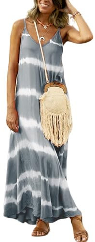 HEYPORK Damen Frühling Sommer Rock Bequem Lässig Kleider Mode Frauen Röcke Cami-Kleid Bedrucktes Gestreiftes Langes Loses Kleid(Grau, 2XL)