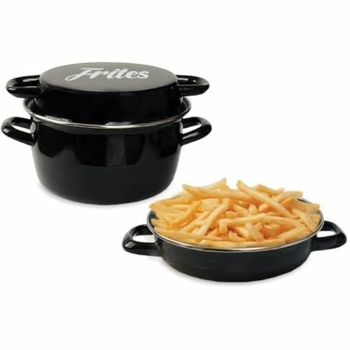 Baumalu - Friteuse coloris noir décor frites 26 cm couvercle émail et panier, BAU3216383111555