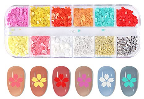 Flower Sequins for Nails, Cherry Blossom Petals Nail Art Sequins Flakes with Nail Rhinestone and Gold Silver Caviar Beads, Flower Nail Art Stickers Nail Accessories