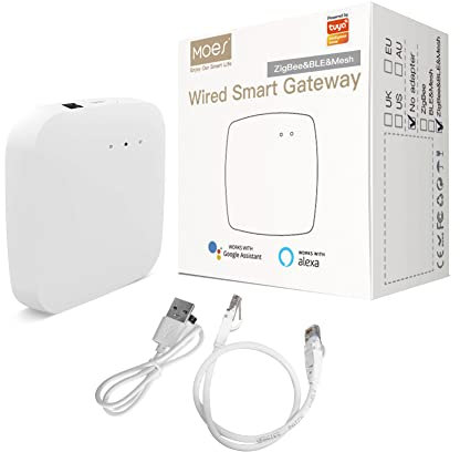 MOES Tuya Smart ZigBee Wired Gateway-Multi-Mode con BLE Wlan 2.4G Mesh Hub, control de voz a través de Alexa Google Home, cable de red requerido para conectar el enrutador y el Tuya Hub
