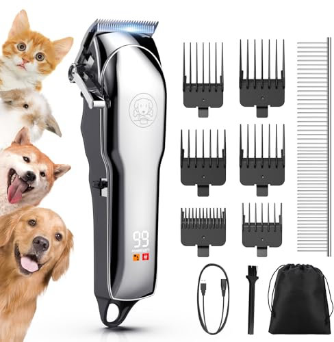 Kriogor Dog Clippers Professional for Thick Hair, Low Noise Dogs Grooming Kit with Stainless Steel Blade, Cordless Grooming Clippers Dog Shaver Trimmer with 6 Guide Combs for Pets and Animals