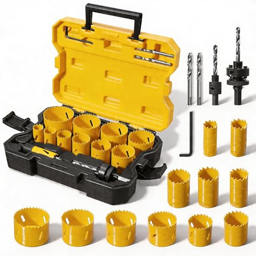 KATA Bi-Metal Hole Saw Kit, 18 Piece M42 High Speed Steel Hole Saw Set with 3/4 -2-1/2 (19-64mm) 11PCS Hole Saw Blades in Case with Mandrels, Drill Bit, Hex Key for Thin Metal, Hard Wood, Drywall
