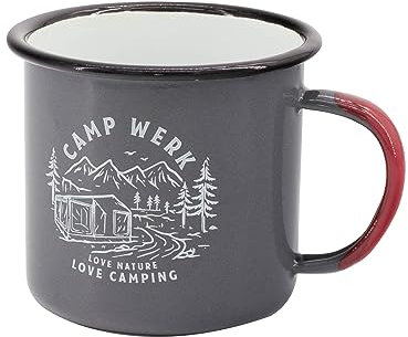 CAMPWERK Emaille Becher/Tasse, Kafeebecher, Teepott, Trinkbecher für Picknick,Camping & Reisen, feuerfestes und bruchfestes Essgeschirr, Mit Adventure mit Outdoor Motiv, 350ml