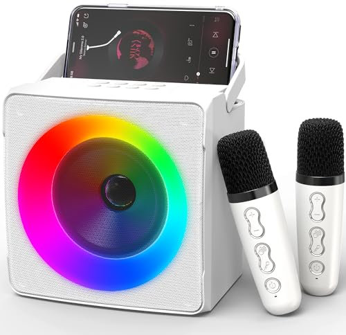 Ankuka Karaoke Machine with 2 Wireless Microphones, Portable Bluetooth Karaoke Speaker for Adults Kids,Singing Machine with Dynamic Lights, for Girls Boys Home Party (White)